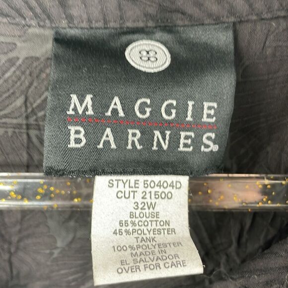 Maggie Barnes Black Tropical design crinkled button down 3/4 sleeves size 32W - Picture 7 of 8